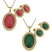 Stainless Steel Jewelry Set, earring & necklace, with Rhinestone Clay Pave & Resin, Flat Oval, gold color plated, oval chain & for woman 2mm Approx 17 Inch 