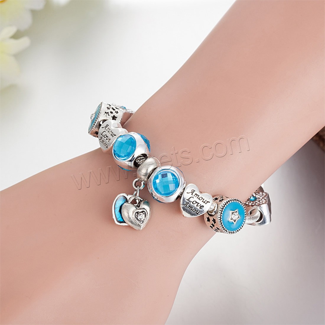 Zinc Alloy European Bracelet, with brass chain & Crystal, Heart, plated, charm bracelet & different length for choice & snake chain & for woman & enamel & faceted & with rhinestone, Sold By Strand