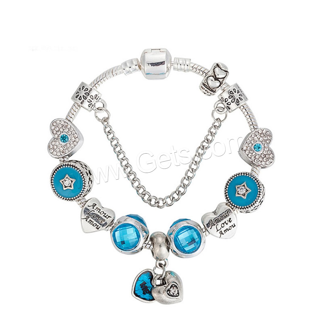 Zinc Alloy European Bracelet, with brass chain & Crystal, Heart, plated, charm bracelet & different length for choice & snake chain & for woman & enamel & faceted & with rhinestone, Sold By Strand