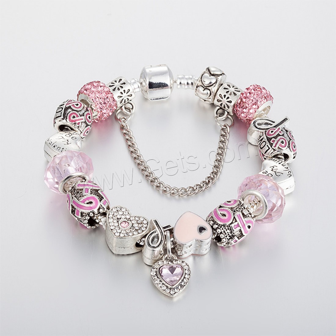 Zinc Alloy European Bracelet, with brass chain & Rhinestone Clay Pave & Crystal, Heart, plated, charm bracelet & different length for choice & snake chain & for woman & enamel & faceted & with rhinestone, Sold By Strand