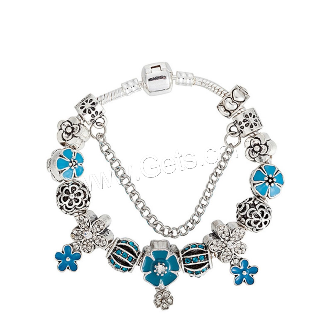 Zinc Alloy European Bracelet, with brass chain, Flower, plated, charm bracelet & different length for choice & snake chain & for woman & enamel & with rhinestone, Sold By Strand