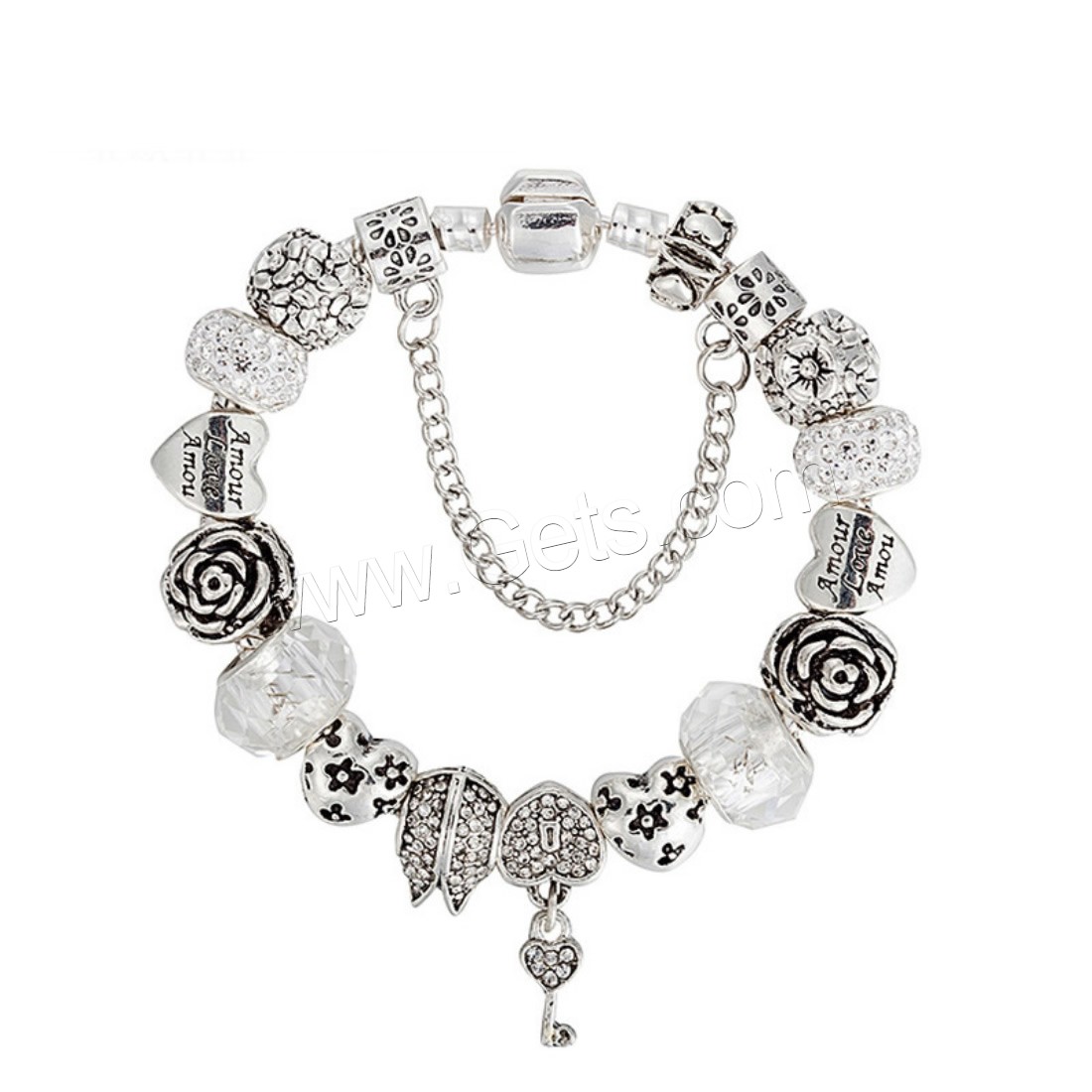 Zinc Alloy European Bracelet, with brass chain & Rhinestone Clay Pave & Crystal, Key, plated, charm bracelet & different length for choice & snake chain & with letter pattern & for woman & faceted & with rhinestone, Sold By Strand
