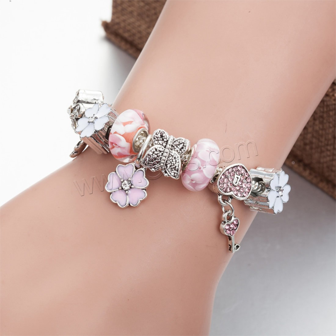 Zinc Alloy European Bracelet, with brass chain & Lampwork, plated, charm bracelet & different length for choice & snake chain & for woman & enamel & with rhinestone, Sold By Strand