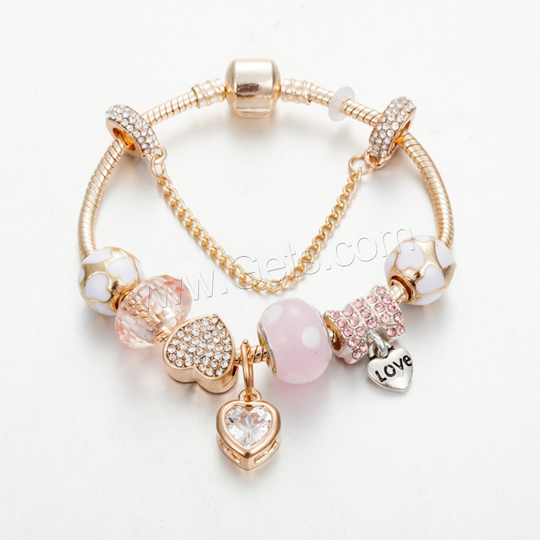 Zinc Alloy European Bracelet, with brass chain & Crystal & Lampwork, word love, plated, charm bracelet & different length for choice & snake chain & for woman & enamel & faceted & with rhinestone, Sold By Strand