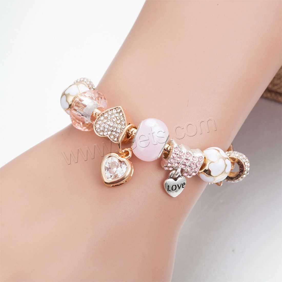 Zinc Alloy European Bracelet, with brass chain & Crystal & Lampwork, word love, plated, charm bracelet & different length for choice & snake chain & for woman & enamel & faceted & with rhinestone, Sold By Strand