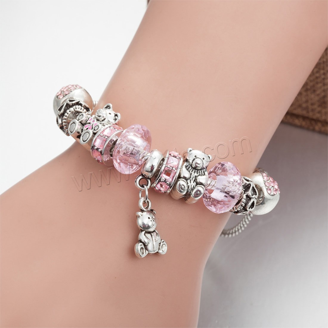 Zinc Alloy European Bracelet, with brass chain & Crystal, Bear, plated, charm bracelet & different length for choice & snake chain & for woman & enamel & faceted & with rhinestone, Sold By Strand