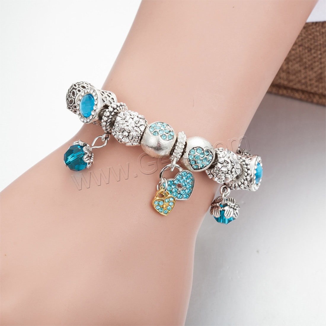 Zinc Alloy European Bracelet, with brass chain & Crystal, plated, charm bracelet & different length for choice & snake chain & for woman & faceted & with rhinestone, Sold By Strand