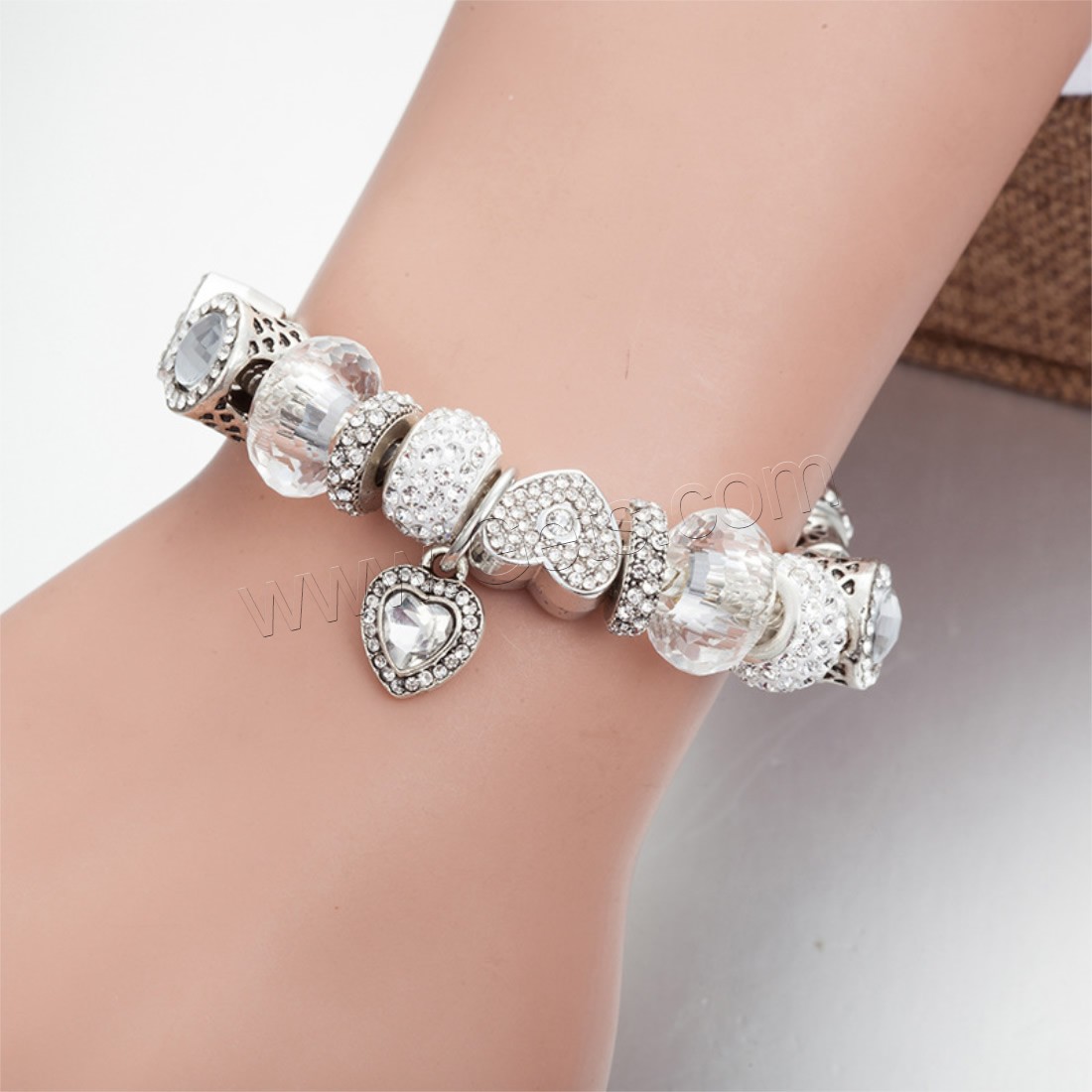Zinc Alloy European Bracelet, with brass chain & Rhinestone Clay Pave & Crystal, Heart, plated, charm bracelet & different length for choice & snake chain & for woman & faceted & with rhinestone, Sold By Strand