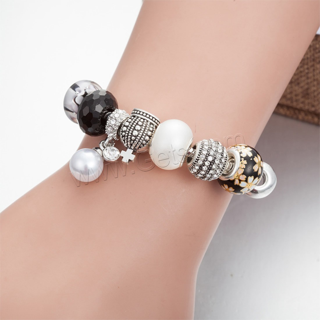 Zinc Alloy European Bracelet, with brass chain & Crystal & Lampwork & Plastic Pearl, plated, charm bracelet & different length for choice & snake chain & for woman & with rhinestone, Sold By Strand