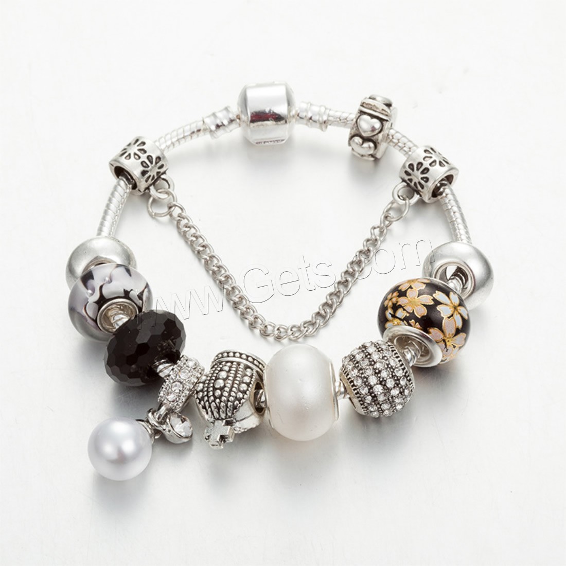 Zinc Alloy European Bracelet, with brass chain & Crystal & Lampwork & Plastic Pearl, plated, charm bracelet & different length for choice & snake chain & for woman & with rhinestone, Sold By Strand