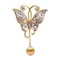 Brass Brooch, with Shell Pearl, Butterfly, plated, for woman & with rhinestone nickel, lead & cadmium free 