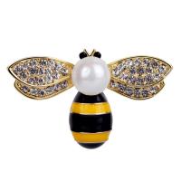 Zinc Alloy Brooch, with Shell Pearl, Bee, gold color plated, for woman & enamel & with rhinestone 