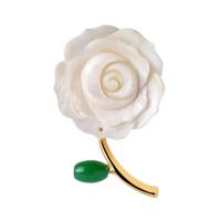 Brass Brooch, with Green Calcedony & White Shell, Flower, real gold plated, natural & for woman 