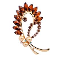 Zinc Alloy Brooch, with Shell Pearl & Crystal, Bowknot, real gold plated, for woman & faceted & with rhinestone 