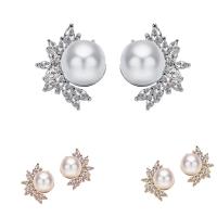 Brass Stud Earring, with Freshwater Pearl, plated, for woman & with cubic zirconia nickel, lead & cadmium free 