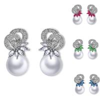 Freshwater Pearl Brass Earring, with Freshwater Pearl, platinum plated, for woman & with cubic zirconia nickel, lead & cadmium free 