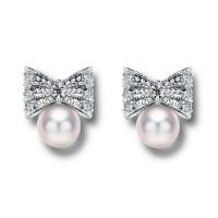 Brass Stud Earring, with South Sea Shell, Bowknot, platinum plated, for woman & with cubic zirconia, nickel, lead & cadmium free 