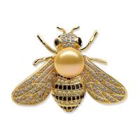 Brass Brooch, with Shell Pearl, Bee, plated & micro pave cubic zirconia & for woman & enamel 