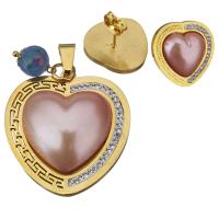 Stainless Steel Jewelry Set, pendant & earring, with Resin Pearl & Rhinestone Clay Pave & Lampwork, Heart, gold color plated, for woman  Approx 