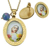 Stainless Steel Jewelry Set, earring & necklace, with Paper & Lampwork, Flat Oval, gold color plated, oval chain & for woman & epoxy gel 2mm Approx 16 Inch 