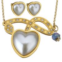 Stainless Steel Jewelry Set, earring & necklace, with Resin Pearl & Lampwork, Heart, gold color plated, oval chain & for woman & with rhinestone 2mm Approx 17 Inch 