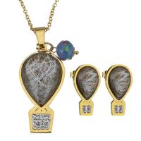 Stainless Steel Jewelry Set, earring & necklace, with Resin Pearl & Rhinestone Clay Pave & Lampwork, Teardrop, gold color plated, drawbench & oval chain & for woman 2mm Approx 19 Inch 