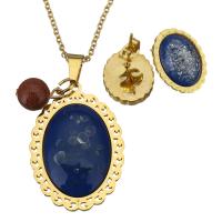 Stainless Steel Jewelry Set, earring & necklace, with Goldstone & Resin, Flat Oval, gold color plated, oval chain & for woman 2mm Approx 19 Inch 