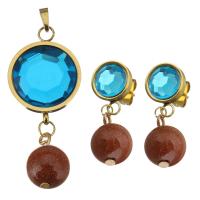 Stainless Steel Jewelry Set, pendant & earring, with Goldstone & Crystal, gold color plated, for woman & faceted, 41mm 28mm Approx 
