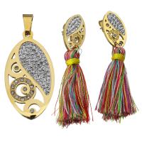 Stainless Steel Jewelry Set, pendant & earring, with Rhinestone Clay Pave & Nylon Cord, gold color plated, for woman 32mm 