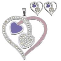 Rhinestone stainless steel Jewelry Set, pendant & earring, Heart, for woman & enamel & with rhinestone, original color  Approx 