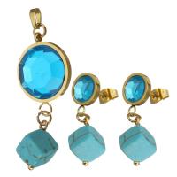 Stainless Steel Jewelry Set, pendant & earring, with Synthetic Turquoise & Crystal, gold color plated, for woman & faceted, 40mm 30mm Approx 
