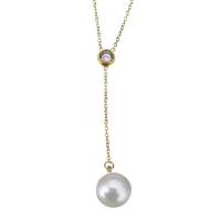 Stainless Steel Necklace, with Glass Pearl, with 2Inch extender chain, Round, gold color plated, oval chain & for woman & with rhinestone, 51mm 1.2mm Approx 16 Inch 