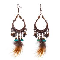 Zinc Alloy Tassel Earring, with Feather & Synthetic Turquoise, antique copper color plated, for woman 