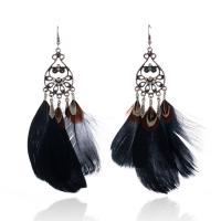 Zinc Alloy Tassel Earring, with Feather, antique silver color plated, Bohemian style & for woman & with rhinestone 