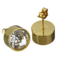 Stainless Steel Stud Earring, gold color plated, for woman & with rhinestone, 10mm 