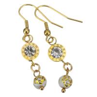 Stainless Steel Drop Earring, with Resin, gold color plated, with roman number & for woman & with rhinestone, 47mm 