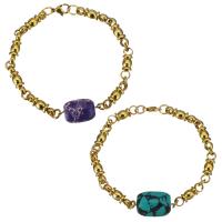 Stainless Steel Bracelet, with Gemstone, gold color plated & round link chain & for woman Approx 8.5 Inch 