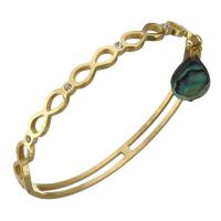 Stainless Steel Bangle, with Abalone Shell, Teardrop, gold color plated, for woman & with rhinestone & hollow, 6mm Inner Approx 