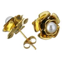 Stainless Steel Stud Earring, with Glass Pearl, Flower, gold color plated, for woman, 13mm 
