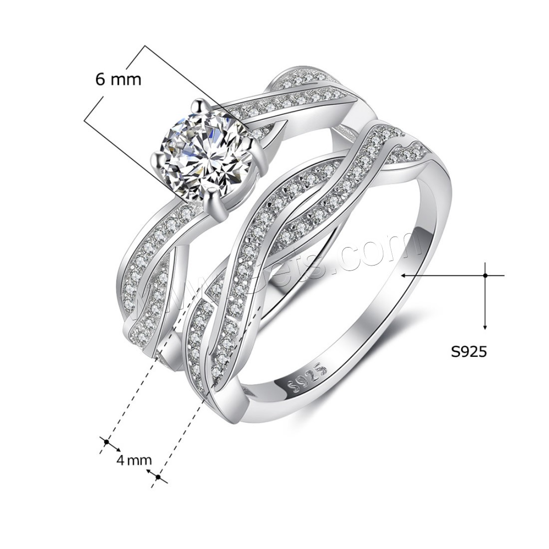 Sterling Silver Ring Set, 925 Sterling Silver, different size for choice & micro pave cubic zirconia & for woman, 4mm, 6mm, 2PCs/Set, Sold By Set
