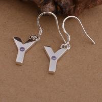Brass Dangle Earring, Letter Y, real silver plated, for woman & with cubic zirconia, lead & cadmium free 