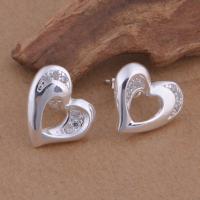 Brass Stud Earring, Heart, real silver plated, for woman & with cubic zirconia, lead & cadmium free 
