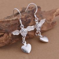 Brass Dangle Earring, Wing Shape, real silver plated, for woman & with cubic zirconia, lead & cadmium free 