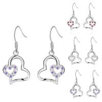 Brass Dangle Earring, Heart, real silver plated, for woman & with cubic zirconia lead & cadmium free 