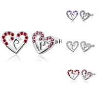 Brass Stud Earring, Heart, real silver plated, for woman & with cubic zirconia lead & cadmium free 