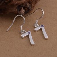 Brass Dangle Earring, Number 7, real silver plated, for woman & with cubic zirconia, lead & cadmium free 
