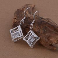 Brass Dangle Earring, Rhombus, real silver plated, for woman & with cubic zirconia, lead & cadmium free 