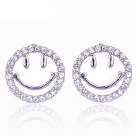 Brass Stud Earring, Smiling Face, platinum plated, for woman & with cubic zirconia, nickel, lead & cadmium free, 10-20mm 