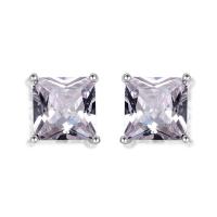 Brass Stud Earring, Square, platinum plated, for woman & with cubic zirconia, nickel, lead & cadmium free, 6mm 