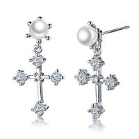 Brass Drop Earring, with Plastic Pearl, Cross, silver color plated, for woman & with cubic zirconia 